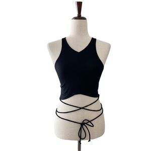 Reformation Yvie Black Ribbed Knit V-Neck Crop Tank Top Tie Wrap Around Waist XS
